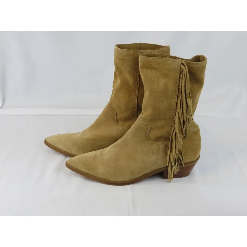 Rebecca Minkoff Tan Suede Fringe Western Boots Pointed Toe Slouchy Mid Calf 7.5 - Picture 6 of 7